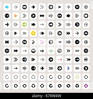 100 arrow sign icon set pictogram on rounding square shapes. Modern simple minimal, flat, solid, mono, plain style. Vector illustration Stock Vector