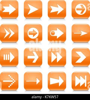 16 arrow icon set 02. White sign on orange rounded square button with gray reflection, black shadow on white background. Glossy style Stock Vector