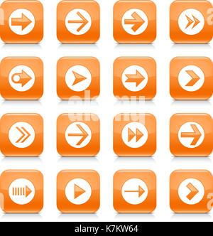 16 arrow icon set 03. White sign on orange rounded square button with gray reflection, black shadow on white background. Glossy style Stock Vector