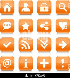 16 basic icon set 05. White sign on orange rounded square button with gray reflection, black shadow on white background. Glossy style Stock Vector