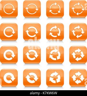 16 arrow reload, rotation icon set 04. White sign on orange rounded square button with gray reflection, black shadow on white background. Glossy style Stock Vector