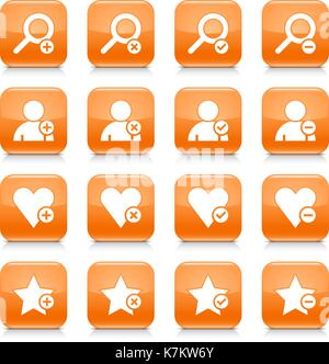 16 additional icon set 07. White sign on orange rounded square button with gray reflection, black shadow on white background. Glossy style. Vector ill Stock Vector