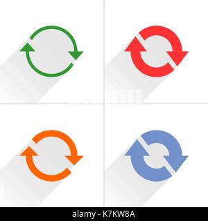 4 arrow icon repeat, reload, refresh, rotation, reset sign. Color pictogram with gray long shadow on white background. Simple, solid, plain flat style Stock Vector