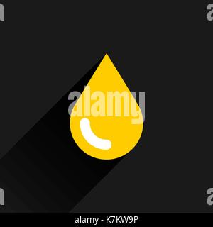 Yellow color drop icon with black long shadow on dark gray background. Gold oil sign in simple, solid, plain, flat style. This vector illustration gra Stock Vector