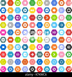 100 arrow sign icon set. White and color pictogram on black hexagon shapes. Modern simple minimal, flat, solid, mono, monochrome, plain style. Stock Vector