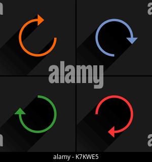 4 arrow icon refresh, rotation, reset, repeat, reload sign. Orange, blue, green, red colors pictogram with black long shadow on gray background Stock Vector