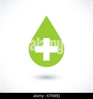 First aid drop green sign with white cross with long shadow in simple flat style. Graphic design elements vector illustration save in 8 eps Stock Vector