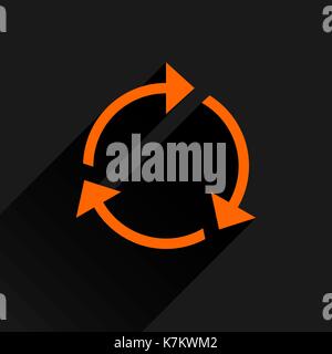 Orange arrow icon reload, refresh, rotation, reset, repeat sign. Web pictogram with long shadow on black background. Simple, solid, plain, flat style. Stock Vector