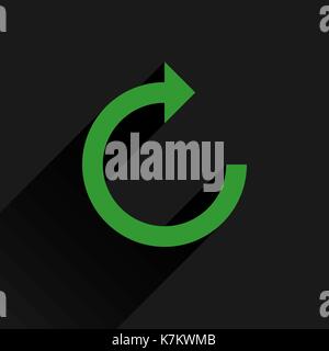 Green arrow icon reload, refresh, rotation, reset, repeat sign. Web pictogram with long shadow on black background. Simple, solid, plain, flat style.  Stock Vector