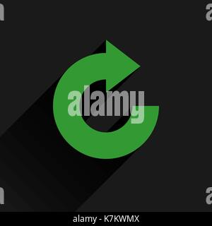 Green arrow icon reload, refresh, rotation, reset, repeat sign. Web pictogram with long shadow on black background. Simple, solid, plain, flat style.  Stock Vector