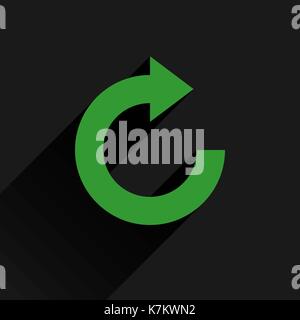 Green arrow icon reload, refresh, rotation, reset, repeat sign. Web pictogram with long shadow on black background. Simple, solid, plain, flat style.  Stock Vector