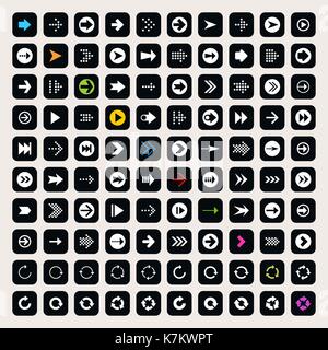 100 arrow sign icon set pictogram on rounding square shapes. Modern simple minimal, flat, solid, mono, plain style. Vector illustration Stock Vector