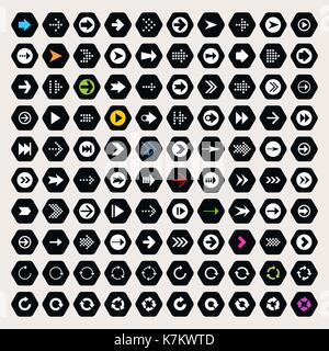 100 arrow sign icon set. White and color pictogram on black hexagon shapes. Modern simple minimal, flat, solid, mono, monochrome, plain style. Stock Vector