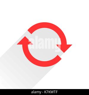 Red arrow icon reload, refresh, rotation, reset, repeat sign. Web pictogram with gray long shadow on white background. Flat style Stock Vector