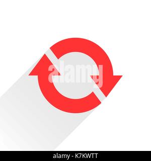 Red arrow icon reload, refresh, rotation, reset, repeat sign. Web pictogram with gray long shadow on white background. Flat style Stock Vector
