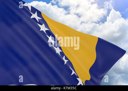 Flag of Bosnia and Herzegovina waving in the wind. Blue field with ...