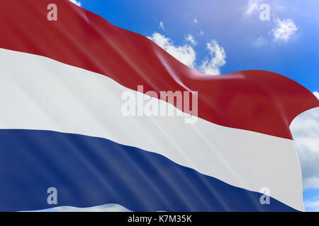 3D rendering of Netherlands flag waving on blue sky background, The Netherlands, a country in northwestern Europe, Koningsdag or King's Day is a natio Stock Photo