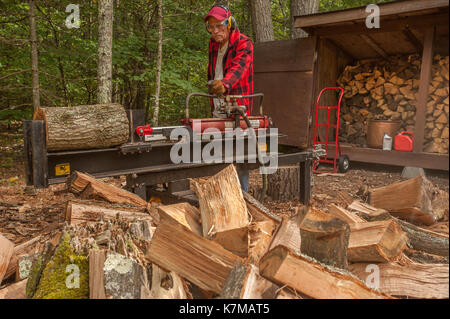 Older man using a log splitter Stock Photo