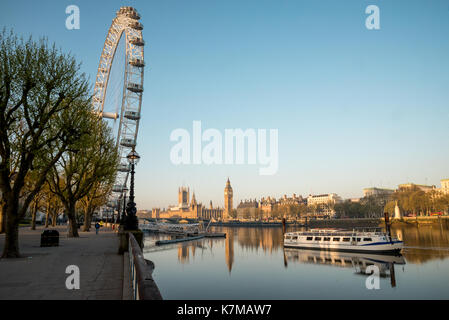 A view to London Eye, Big Ben and Thames River early in the morning, England Stock Photo