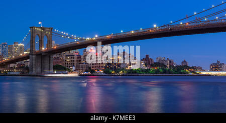 Brooklyn waterfront next to the Brooklyn Bridge Park at twilight. New York CIty Stock Photo