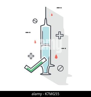 A flat syringe icon and a green tick mark of approval. Stock Vector