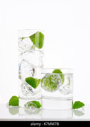 fresh water with ice and mint on white background Stock Photo