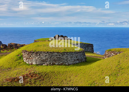 Ceremonial Stone Village of Orongo where the birdman competition used to be held, near Rano Kau volcano, Easter Island (Rapa Nui), Chile Stock Photo