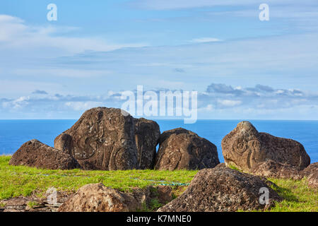 Ceremonial Stone Village of Orongo where the birdman competition used to be held, near Rano Kau volcano, Easter Island (Rapa Nui), Chile Stock Photo