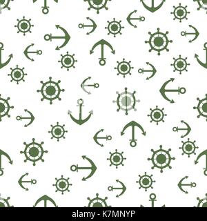 Cute seamless pattern with steering wheels and anchors. Marine theme. Design for poster or print. Stock Vector