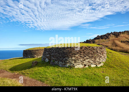 Ceremonial Stone Village of Orongo where the birdman competition used to be held, near Rano Kau volcano, Easter Island (Rapa Nui), Chile Stock Photo