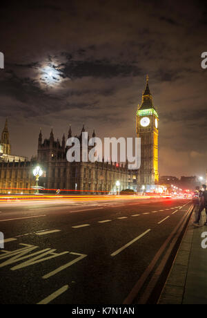 Palace of Westminster with Big Ben at night, Westminster Bridge, motion blur, London, England, Great Britain Stock Photo