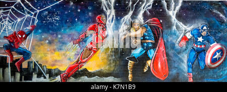 Comic superheroes, Spider Man, Iron-Man, Tron and Captain America, Graffiti, London, England, Great Britain Stock Photo