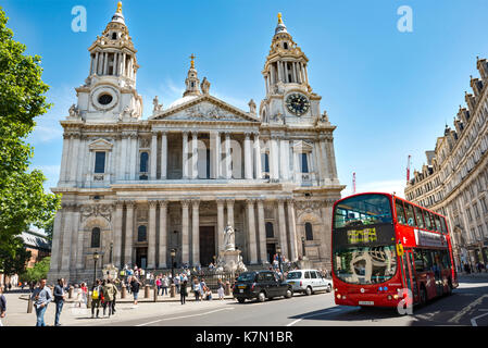 Red double-decker bus, St. Paul's Cathedral, London, England, Great Britain Stock Photo