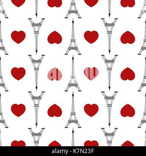 Seamless of Eiffel tower and hearts on white background. Vector illustration Stock Vector
