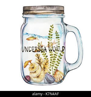 Word-Undersea world. Isoleted Tumbler with Marine Life Landscape - the ocean and the underwater world with different inhabitants. Aquarium concept for Stock Photo