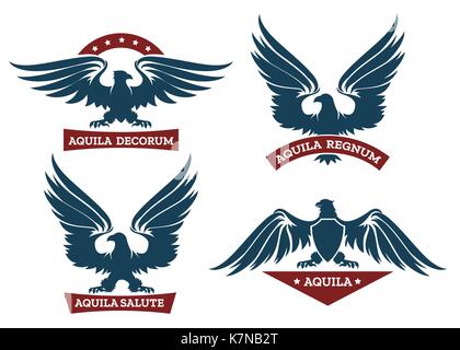 Set of eagle heraldic labels with stars, shields and ribbons. Symbol and bird, logo design element. Vector illustration Stock Vector