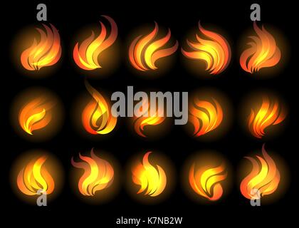 Set of fire flames drawn in cartoon style. Vector Illustration. Stock Vector