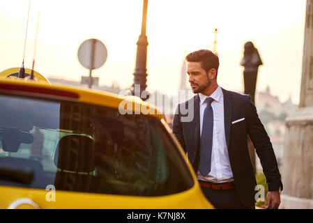 A handsome young businessman getting in to a taxi in the sunset Stock Photo