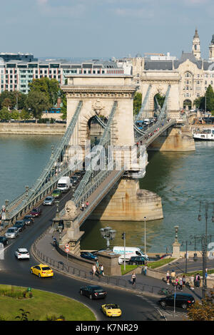 View over the historical Chain Bridge in Budapest, Hungary. Stock Photo
