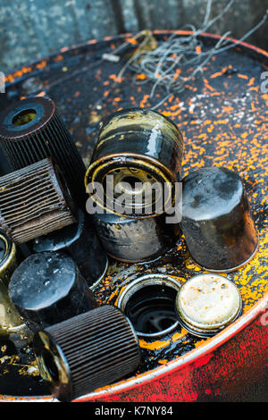 Used oil filters for low depth of field Stock Photo