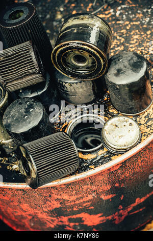 Used oil filters for low depth of field Stock Photo