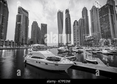 Marina in front of skyscrapers, Dubai Marina, Dubai, United Arab Emirates Stock Photo