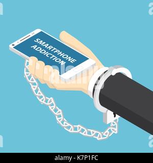 Flat 3d isometric businessman hand holding smartphone with handcuff. Smartphone addiction concept. Stock Vector