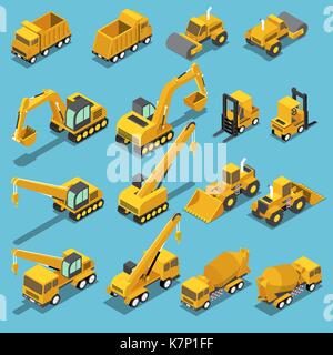 Flat 3d isometric construction transport icon set include excavator, crane grader, cement mixer truck, road roller, forklift, bulldozer Stock Vector