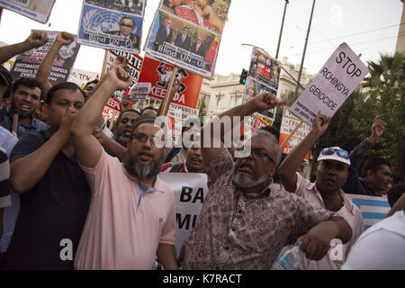 Athens, Greece. 16th Sep, 2017. Migrants shout slogans and carry banners protesting over the Rohingya genocide. Thousands joined a demonstration to honor and remember Pavlos Fyssas, the Greek rapper who was stabbed to death on September 18, 2013 by a Golden Dawn member. Credit: Nikolas Georgiou/ZUMA Wire/Alamy Live News Stock Photo