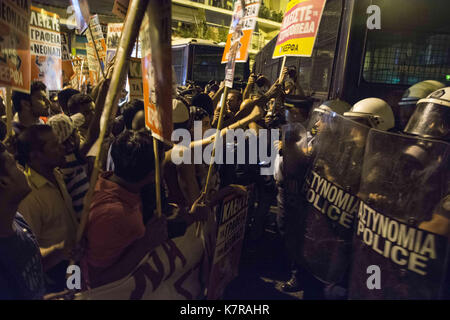 Athens, Greece. 16th Sep, 2017. Riot police block the way to Golden Dawn's offices. Thousands joined a demonstration to honor and remember Pavlos Fyssas, the Greek rapper who was stabbed to death on September 18, 2013 by a Golden Dawn member. Credit: Nikolas Georgiou/ZUMA Wire/Alamy Live News Stock Photo