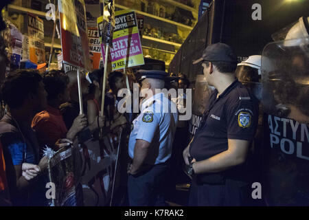 Athens, Greece. 16th Sep, 2017. Riot police block the way to Golden Dawn's offices. Thousands joined a demonstration to honor and remember Pavlos Fyssas, the Greek rapper who was stabbed to death on September 18, 2013 by a Golden Dawn member. Credit: Nikolas Georgiou/ZUMA Wire/Alamy Live News Stock Photo