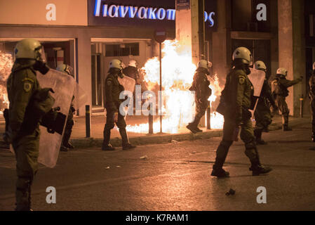 Athens, Greece. 16th Sep, 2017. Anarchists clash with riot police hurling stones and petrol bombs. Thousands joined a demonstration to honor and remember Pavlos Fyssas, the Greek rapper who was stabbed to death on September 18, 2013 by a Golden Dawn member. Credit: Nikolas Georgiou/ZUMA Wire/Alamy Live News Stock Photo