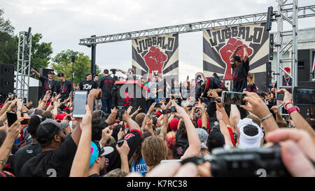 WASHINGTON, DC - September 16, 2017: Shaggy 2 Dope (Joseph Utsler) and Violent J (Joseph Bruce) of the music group Insane Clown Posse greet fans at a protest in front of the Lincoln Memorial. Fans of the music group, known as Juggalos, gathered in Washington, DC to protest their FBI designation as a criminal gang. Credit: Jeffrey Willey/Alamy Live News Stock Photo