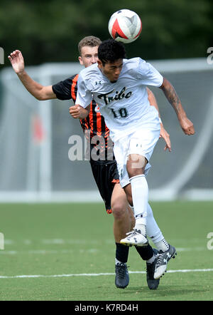 Williamsburg, VA, USA. 16th Sep, 2017. 20170916 - William and Mary forward ANTONIO BUSTAMANTE (10) heads the ball against Campbell midfielder JOSH SIGNEY (4) in the first half at Martin Family Stadium in Williamsburg, Va. Credit: Chuck Myers/ZUMA Wire/Alamy Live News Stock Photo